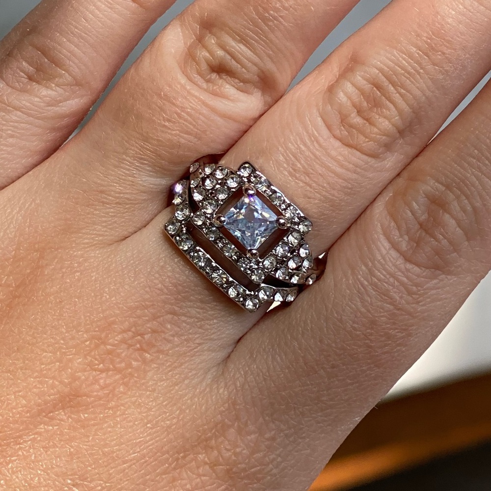 Double Square Ring Diamond 925 Silver Wedding Ring Promise Ring Engagement Ring